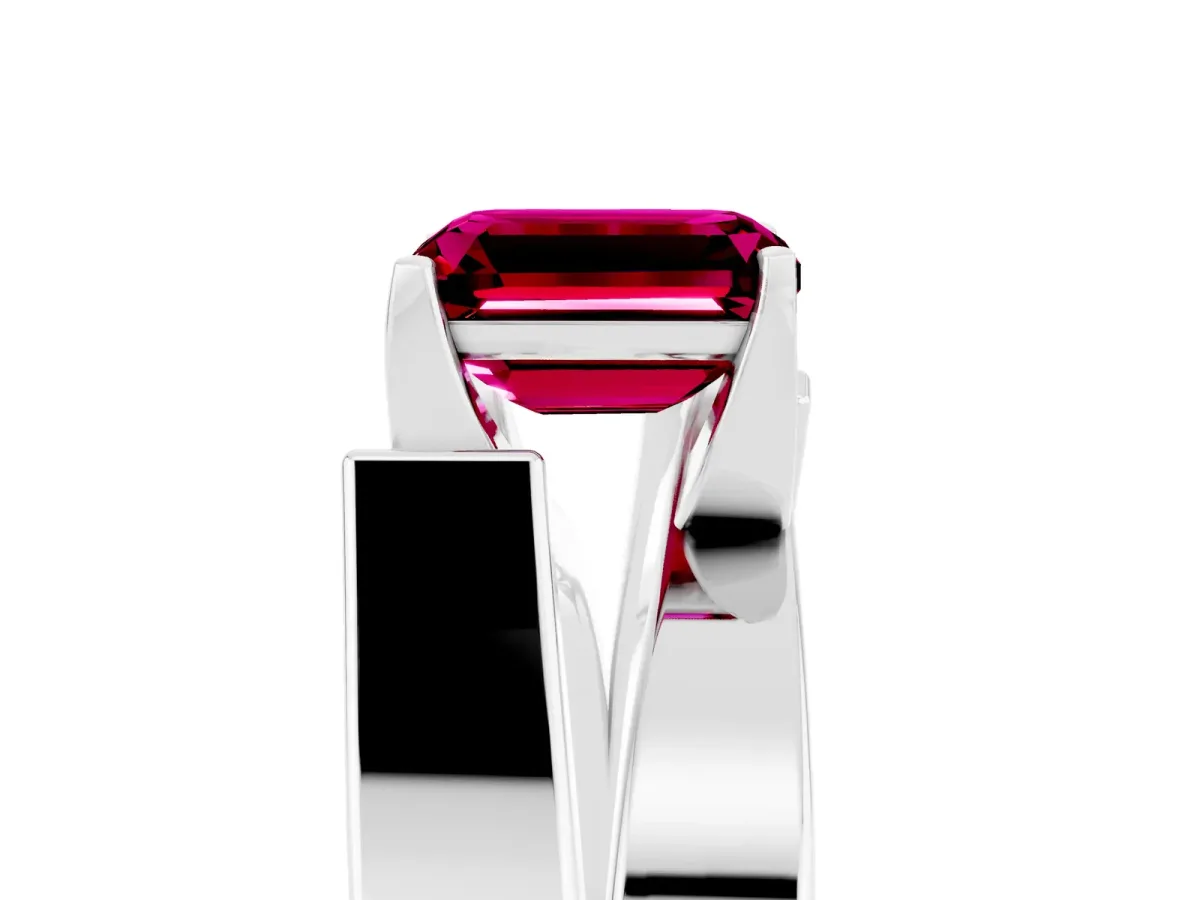Modern Tension Set Emerald Cut Garnet Solitaire Wide Band Ring Silver