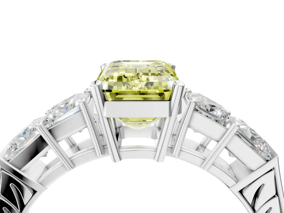 Fancy Yellow Emerald Cut Solitaire Princess Side Stone Engraved Band Prong Setting Ring Silver