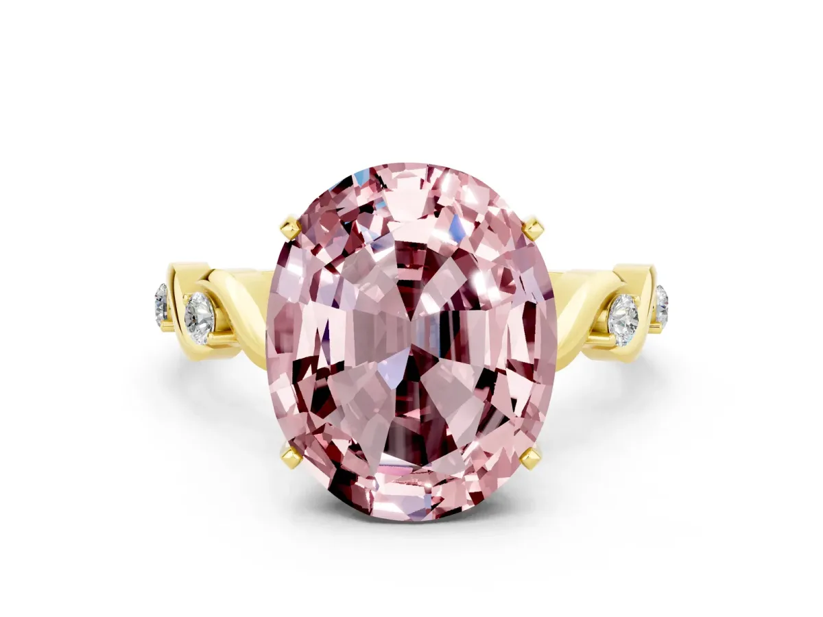 Oval Cut Morganite Solitaire Twisted Band with Round Accents and Prong Setting Yellow gold