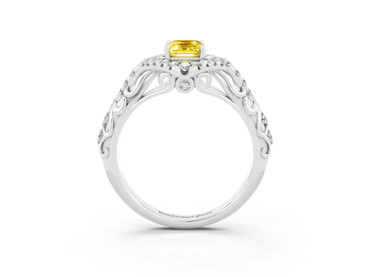 Emerald Cut Yellow Sapphire Solitaire Ring with Hidden Halo and Pavé Band White gold