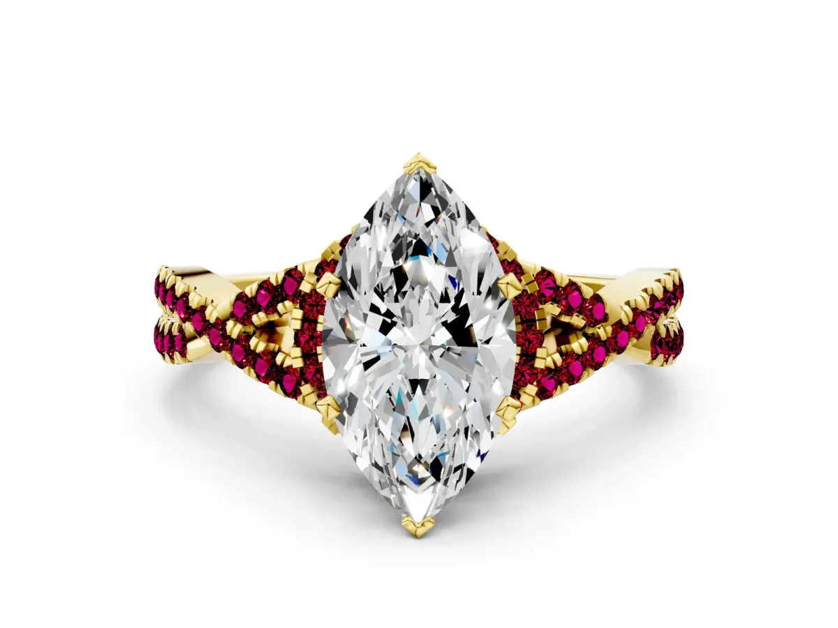 Marquise Cut Diamond Garnet Halo Twist Band Solitaire Prong Setting Ring Yellow gold