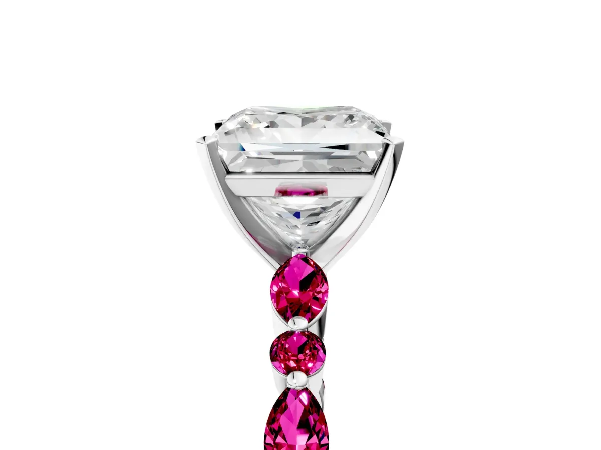 Princess Cut Diamond Ring with Marquise and Round Garnet Side Stones and Four-Prong Setting White gold