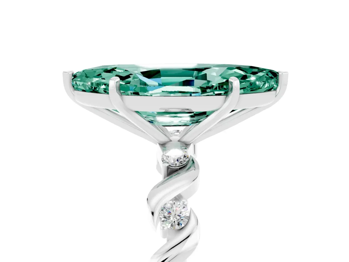 Marquise Cut Green Sapphire Solitaire Twisted Band with Round Accents and Prong Setting Platinum