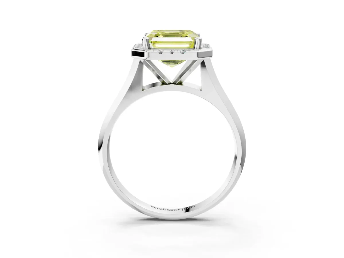 Fancy Yellow Asscher Cut Cut Halo Solitaire Engagement Ring with Square Band and Four-Prong Setting White gold