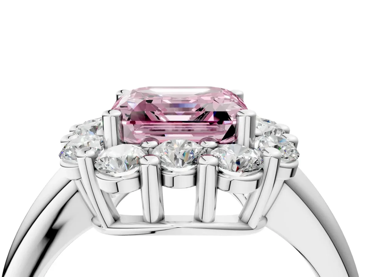 Fancy Pink Asscher Cut Halo Cluster Diamond Engagement Ring with Prong Setting and Polished Band Platinum