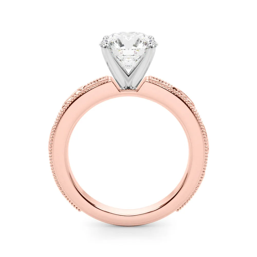 Round Cut Solitaire Milgrain Engagement Ring with Filigree Band and Four-Prong Setting Rose gold