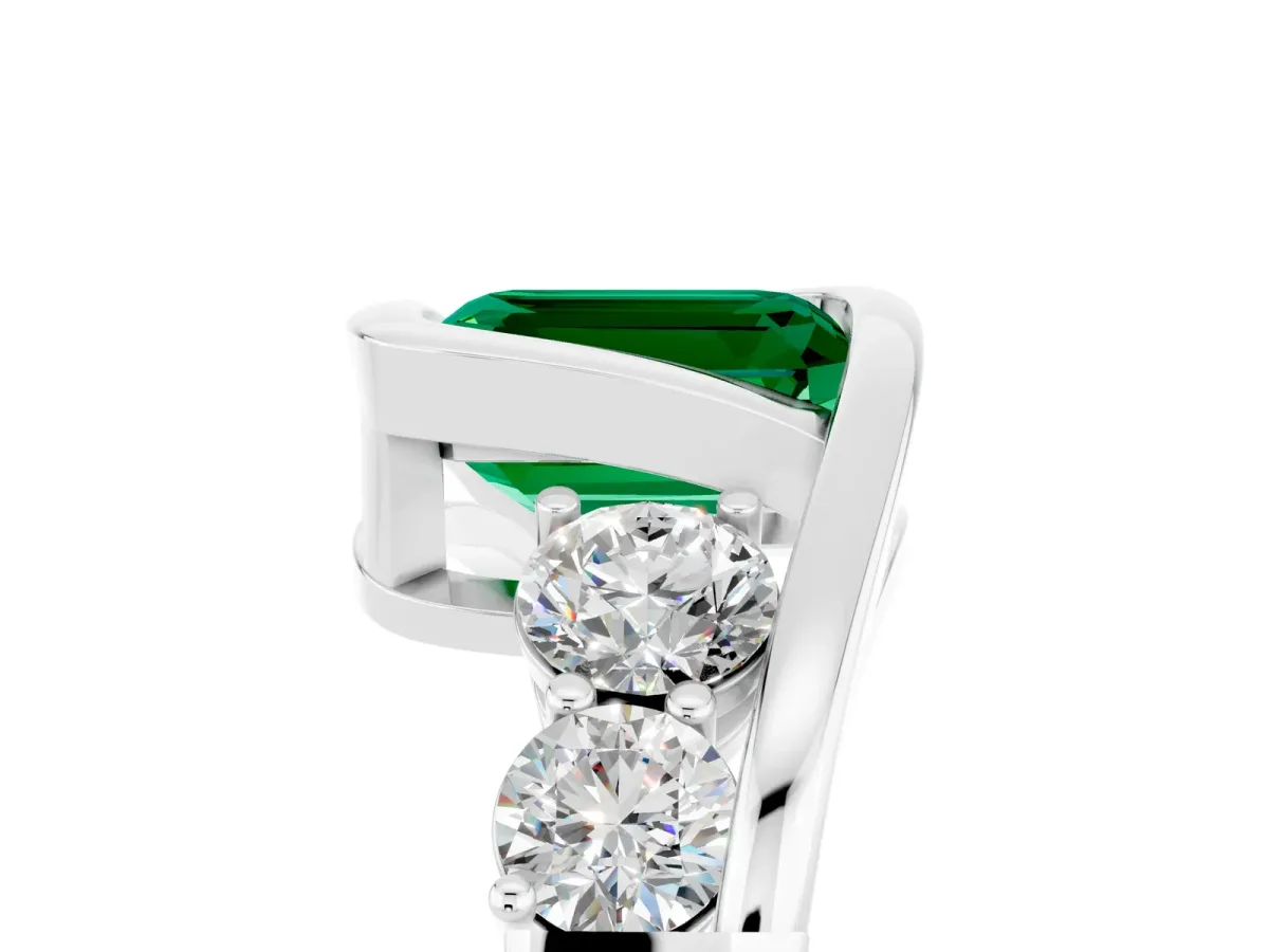 Bezel Set Emerald Cut Emerald Bypass Ring with Round Accents Silver
