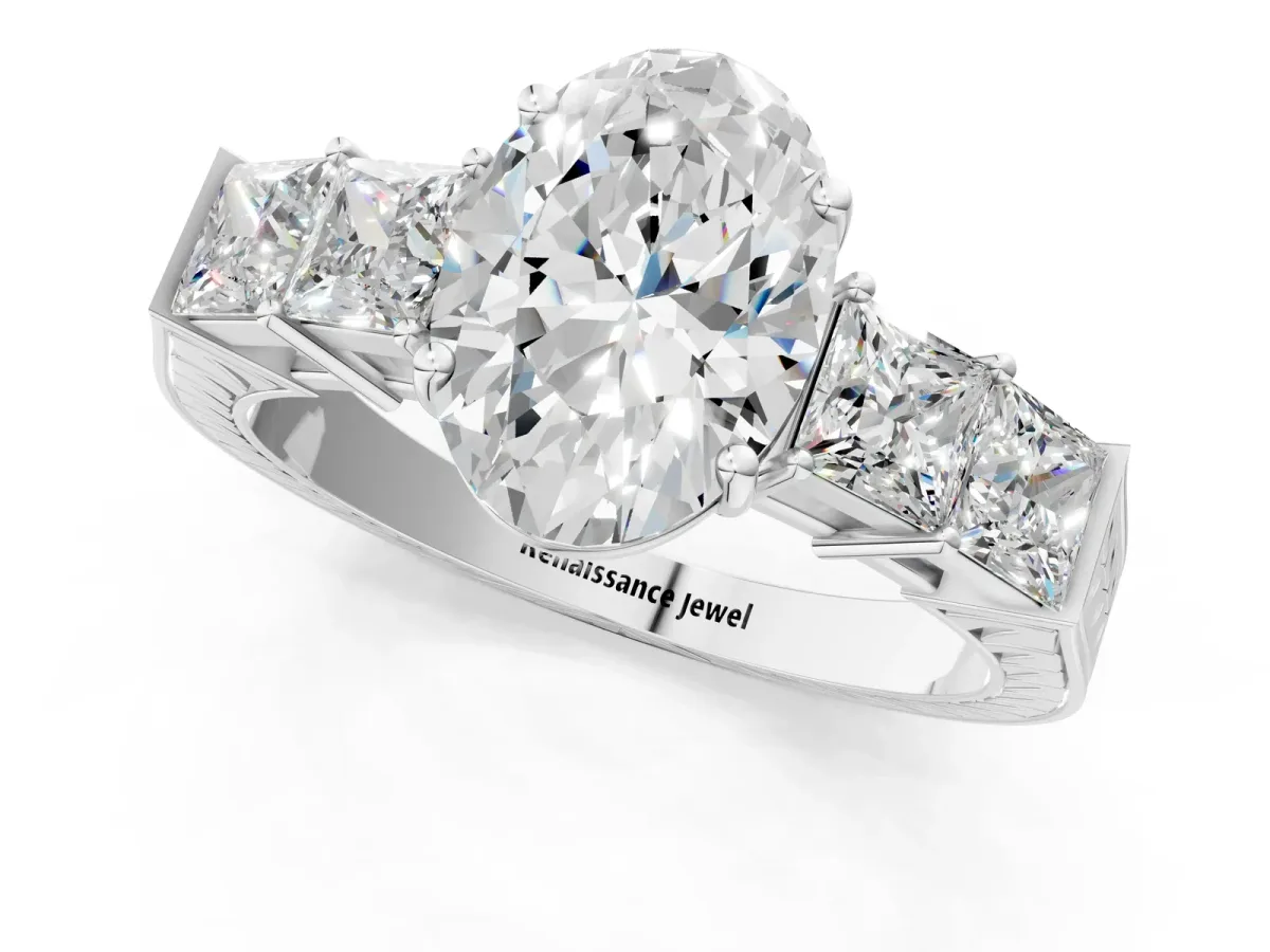 Oval Cut Solitaire Princess Side Stone Engraved Band Prong Setting Ring White gold