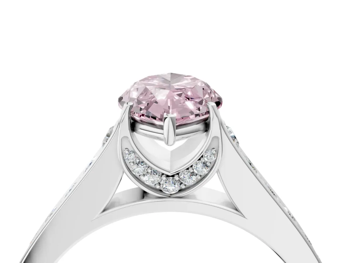 Fancy Pink Marquise Cut Brilliant Cut Diamond Engagement Ring with Pavé Band and Four-Prong Setting Platinum