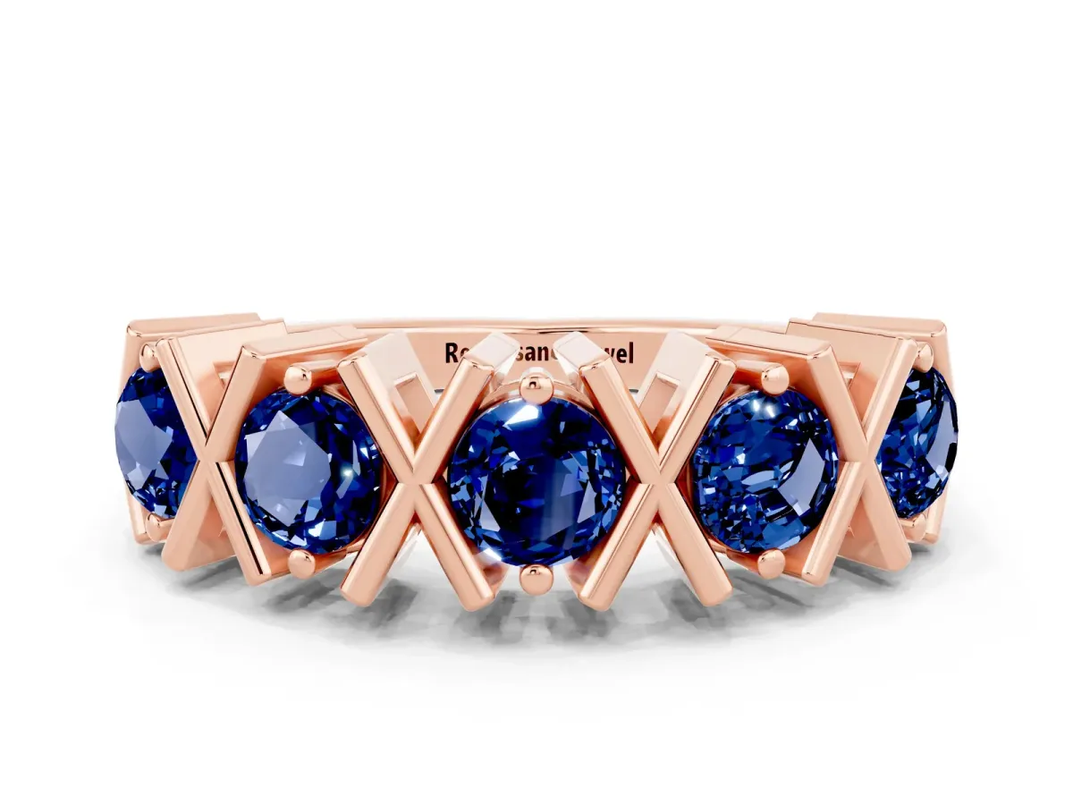 Round Blue Sapphire Channel Set Band with X-Prong Detail Rose gold