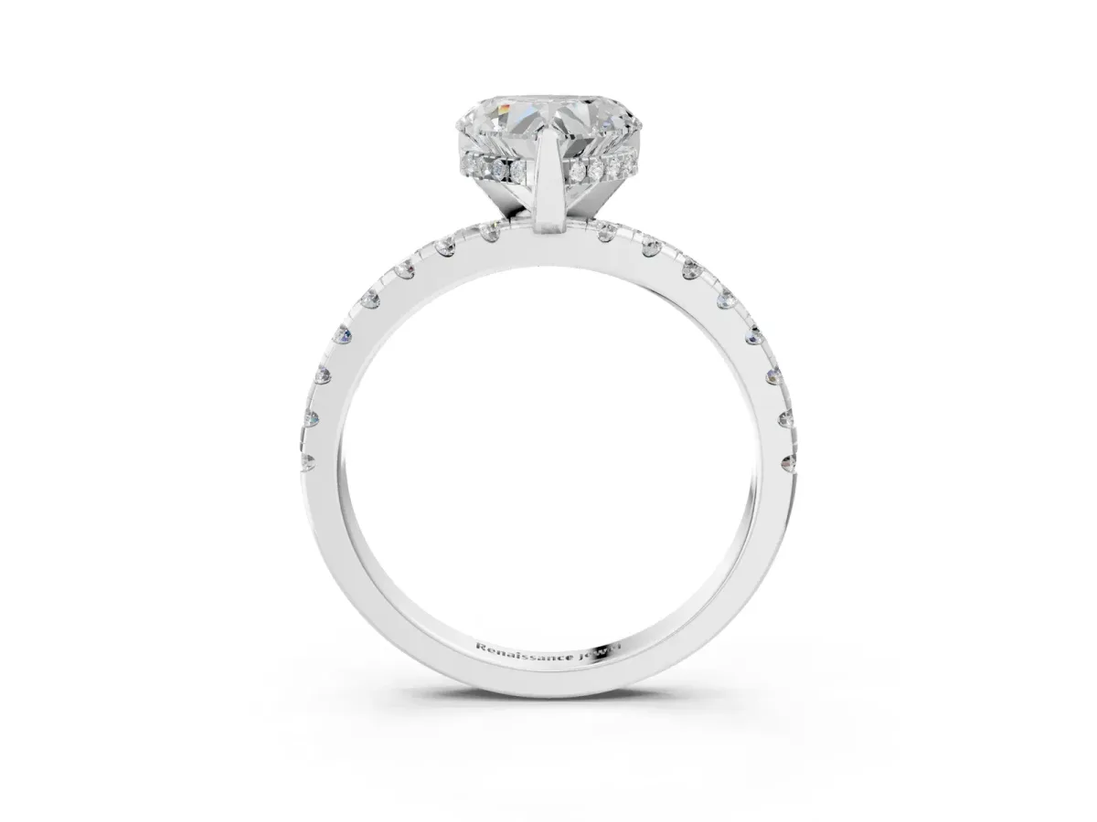 Heart Cut Diamond Solitaire Ring with Round Moissanite Pavé Band and Four-Prong Setting White gold