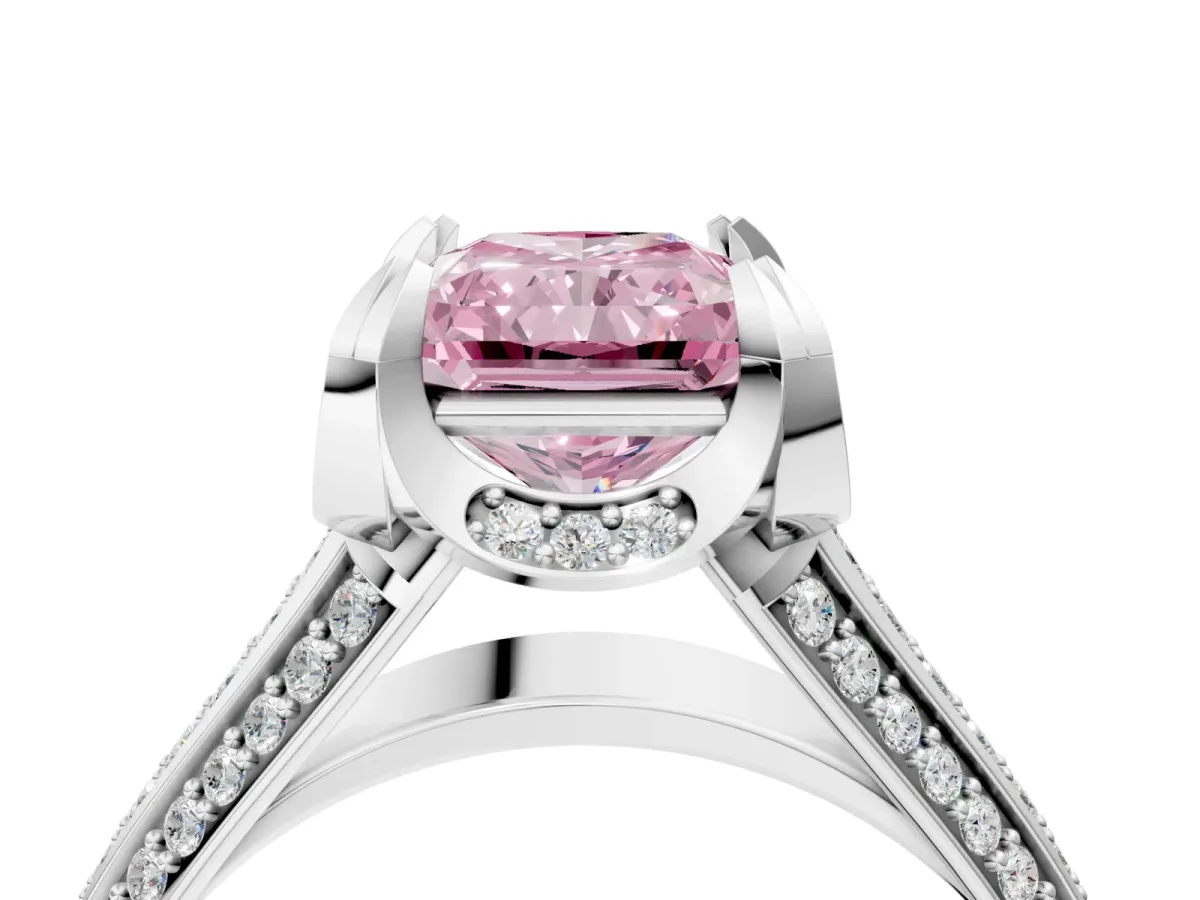 Fancy Pink Radiant Cut Solitaire Pave Split Shank Ring with Four-Prong Setting Platinum