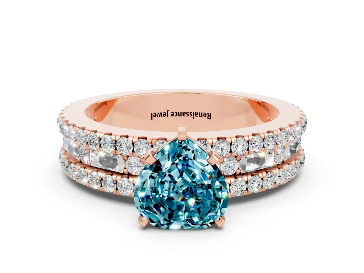 Heart Cut Blue Topaz Solitaire Ring with Pavé and Channel Set Band Rose gold