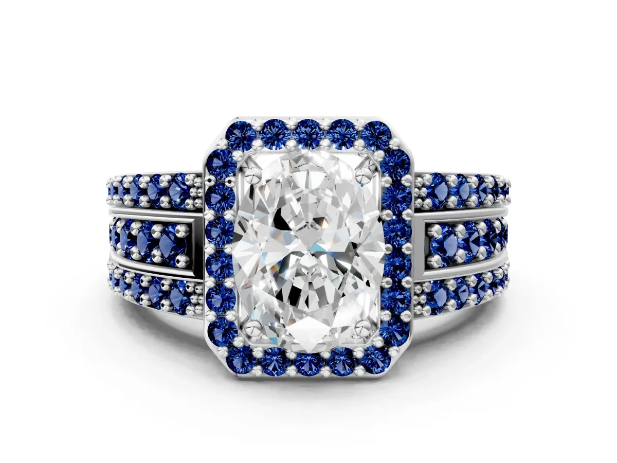 Oval Cut Halo Diamond Ring with Round Blue Sapphire Split Shank and Prong Setting Platinum