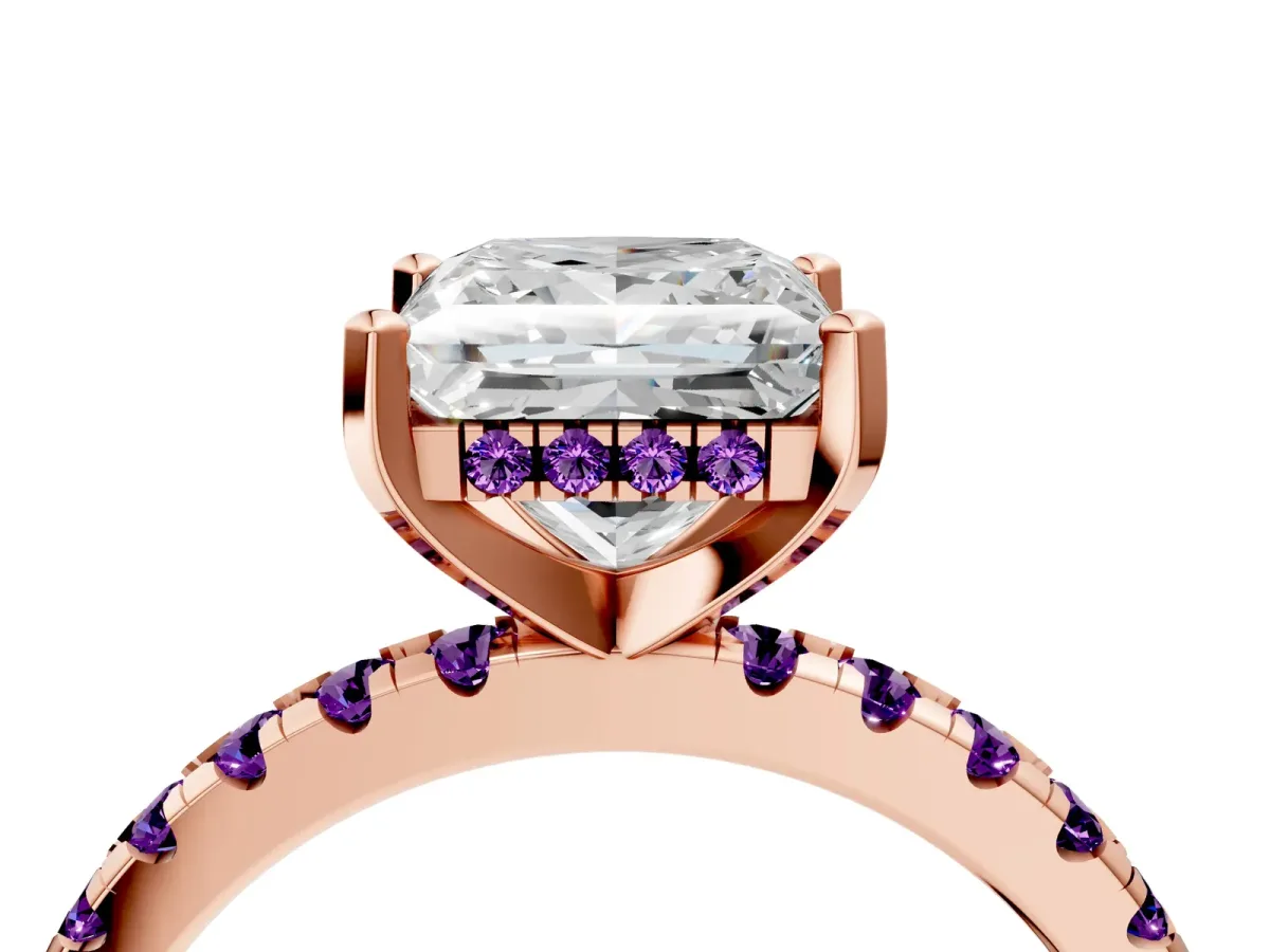Princess Cut Diamond Solitaire Ring with Round Amethyst Pavé Band and Four-Prong Setting Rose gold