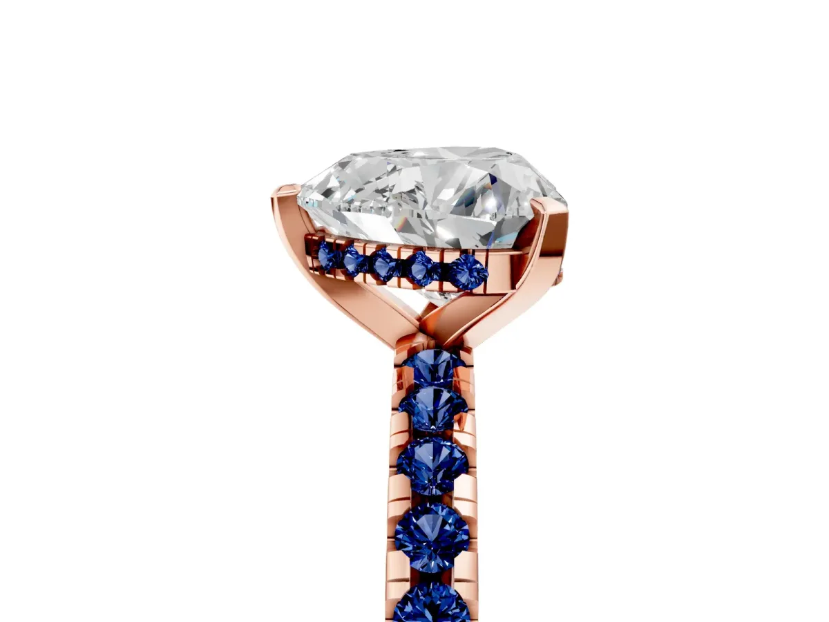 Heart Cut Diamond Solitaire Ring with Round Blue Sapphire Pavé Band and Four-Prong Setting Rose gold