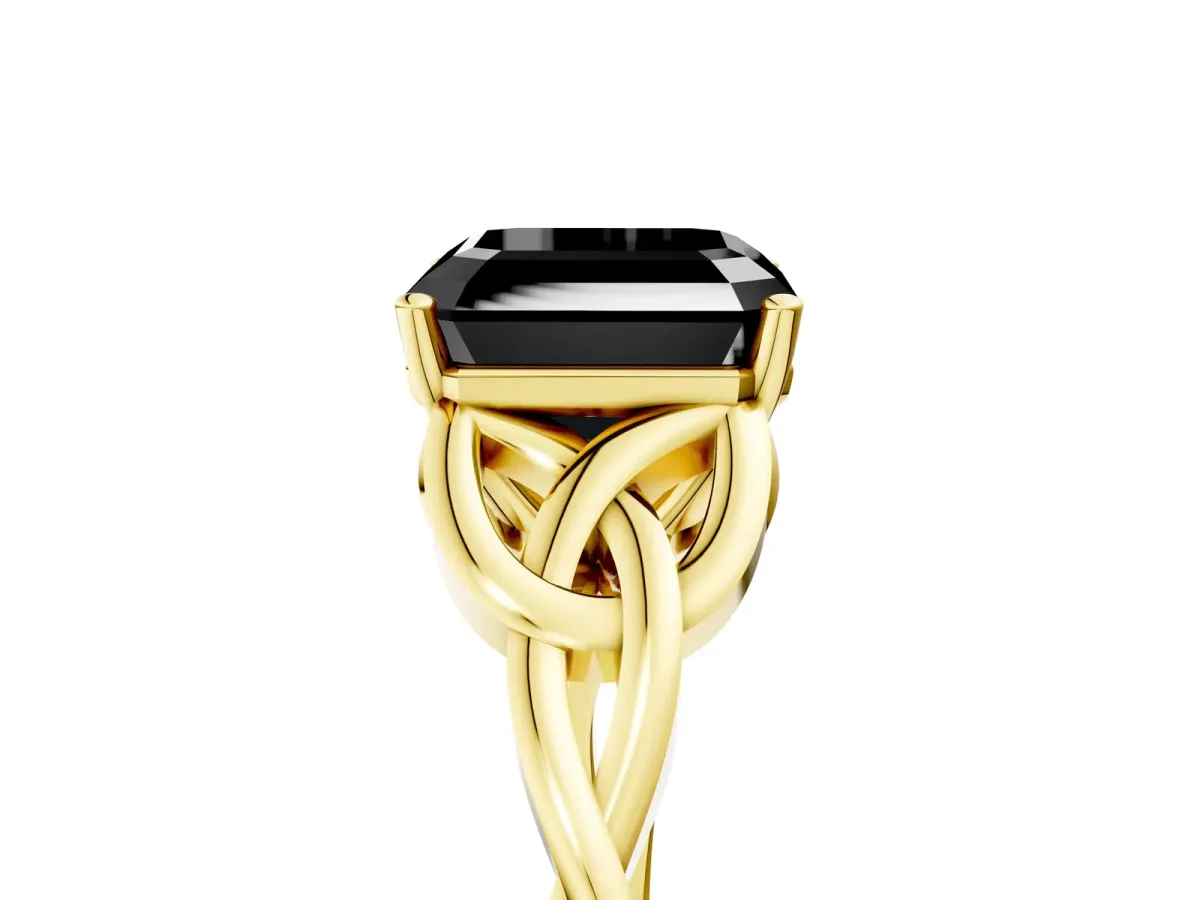 Fancy Black Asscher Cut Diamond Solitaire Engagement Ring with Celtic Knot Band and Four-Prong Setting Yellow gold