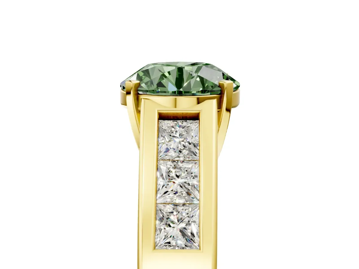 Fancy Green Round Cut Cut Channel Set Solitaire Ring with Four-Prong Setting Yellow gold