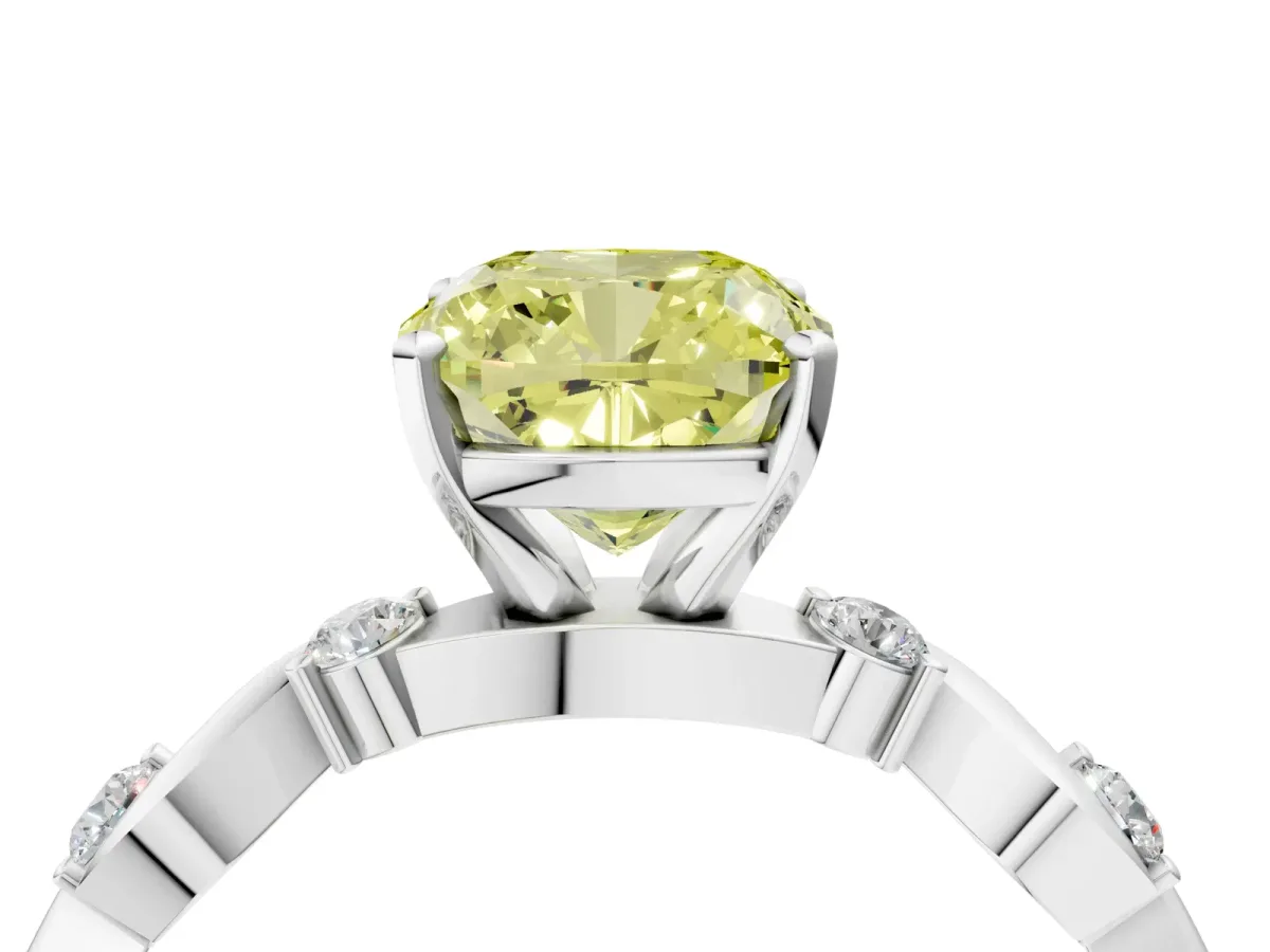 Fancy Yellow Cushion Cut Diamond Solitaire Twisted Band with Round Accents and Prong Setting White gold