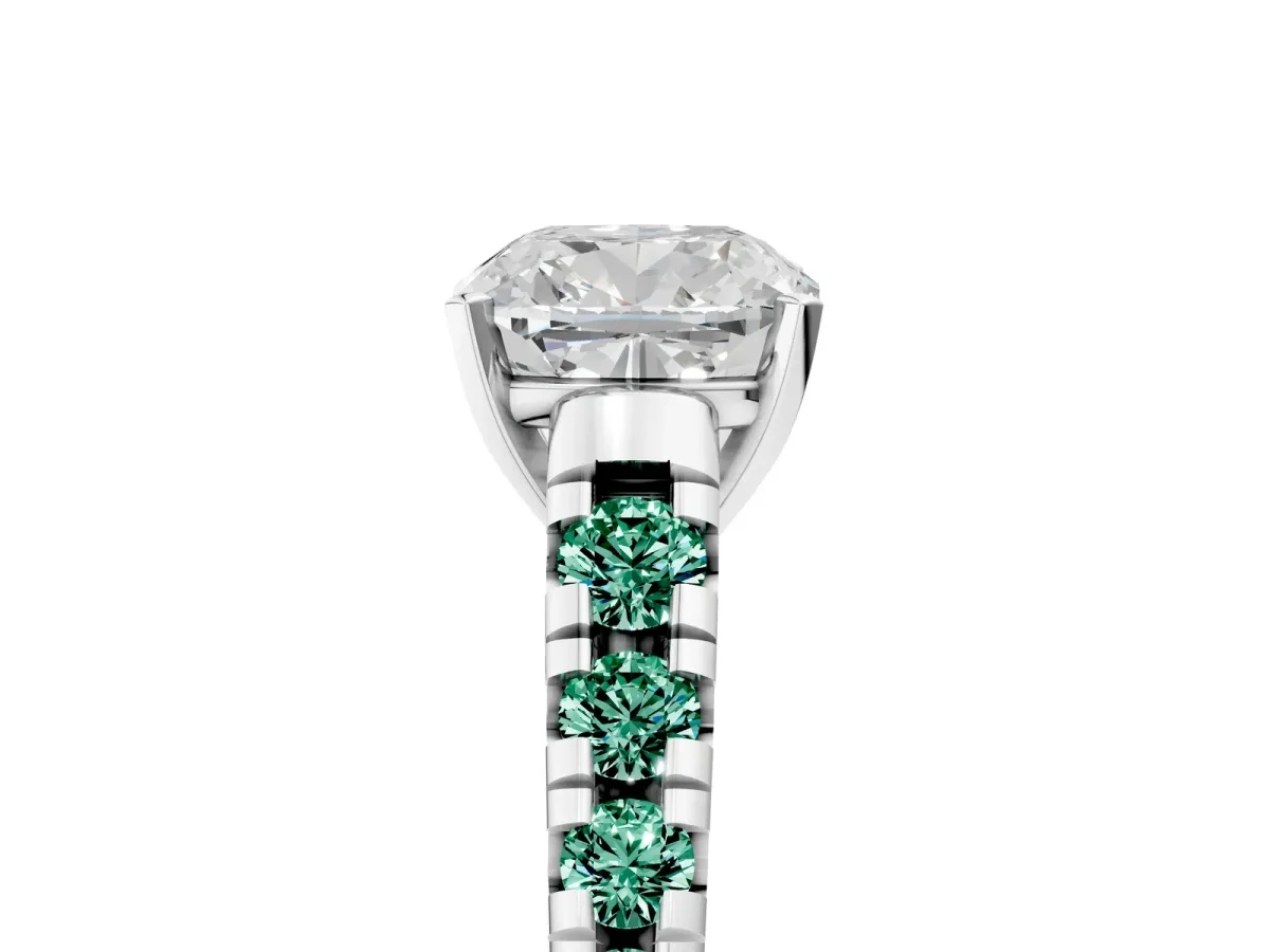 Cushion Cut Diamond Cathedral Solitaire Ring with Round Green Sapphire Pavé Band White gold