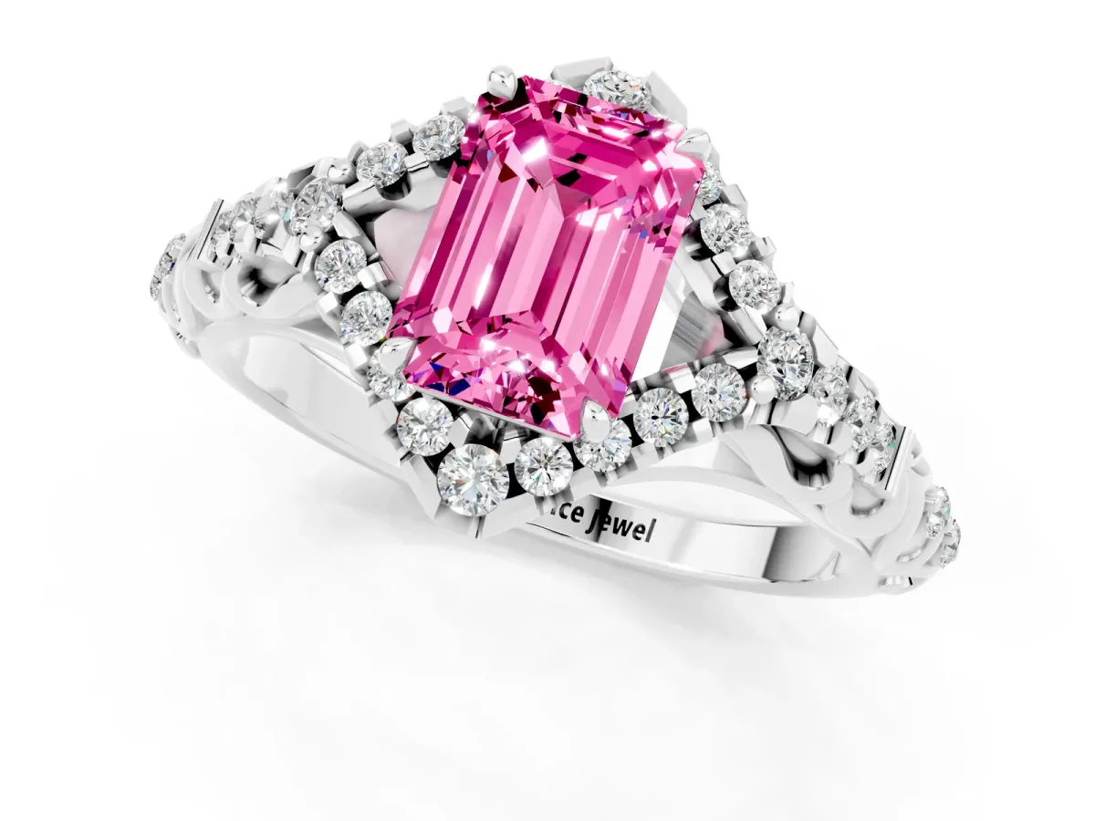 Emerald Cut Pink Sapphire Solitaire Ring with Hidden Halo and Pavé Band White gold