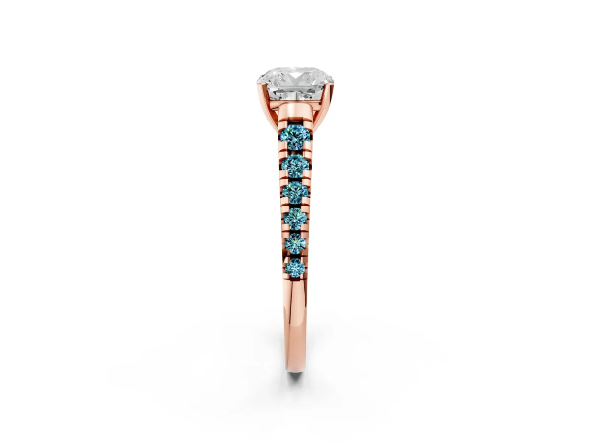 Cushion Cut Diamond Cathedral Solitaire Ring with Round Blue Topaz Pavé Band Rose gold