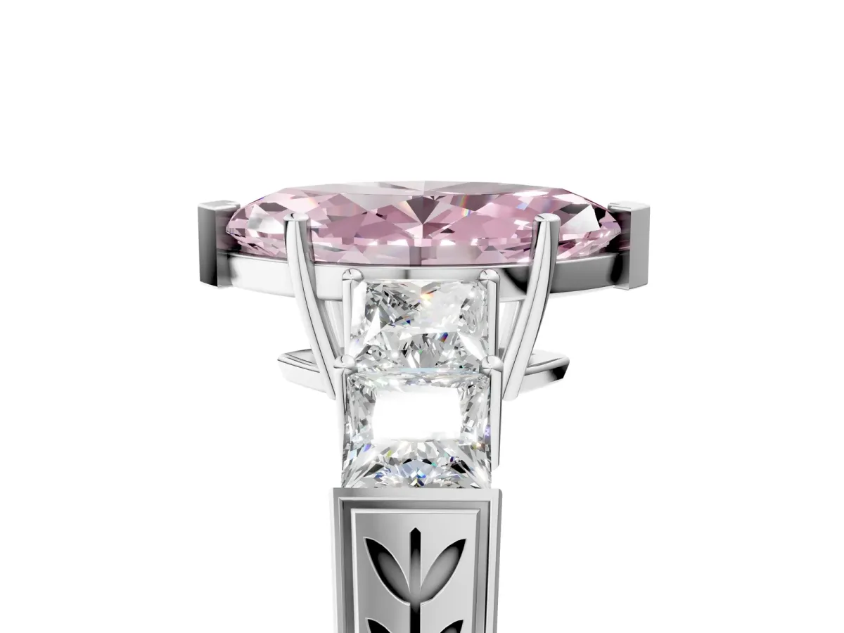 Fancy Pink Marquise Cut Solitaire Princess Side Stone Engraved Band Prong Setting Ring Silver