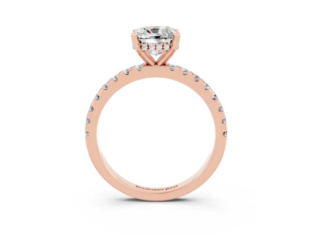 Cushion Cut Moissanite Solitaire Ring with Round Pavé Band and Four-Prong Setting Rose gold