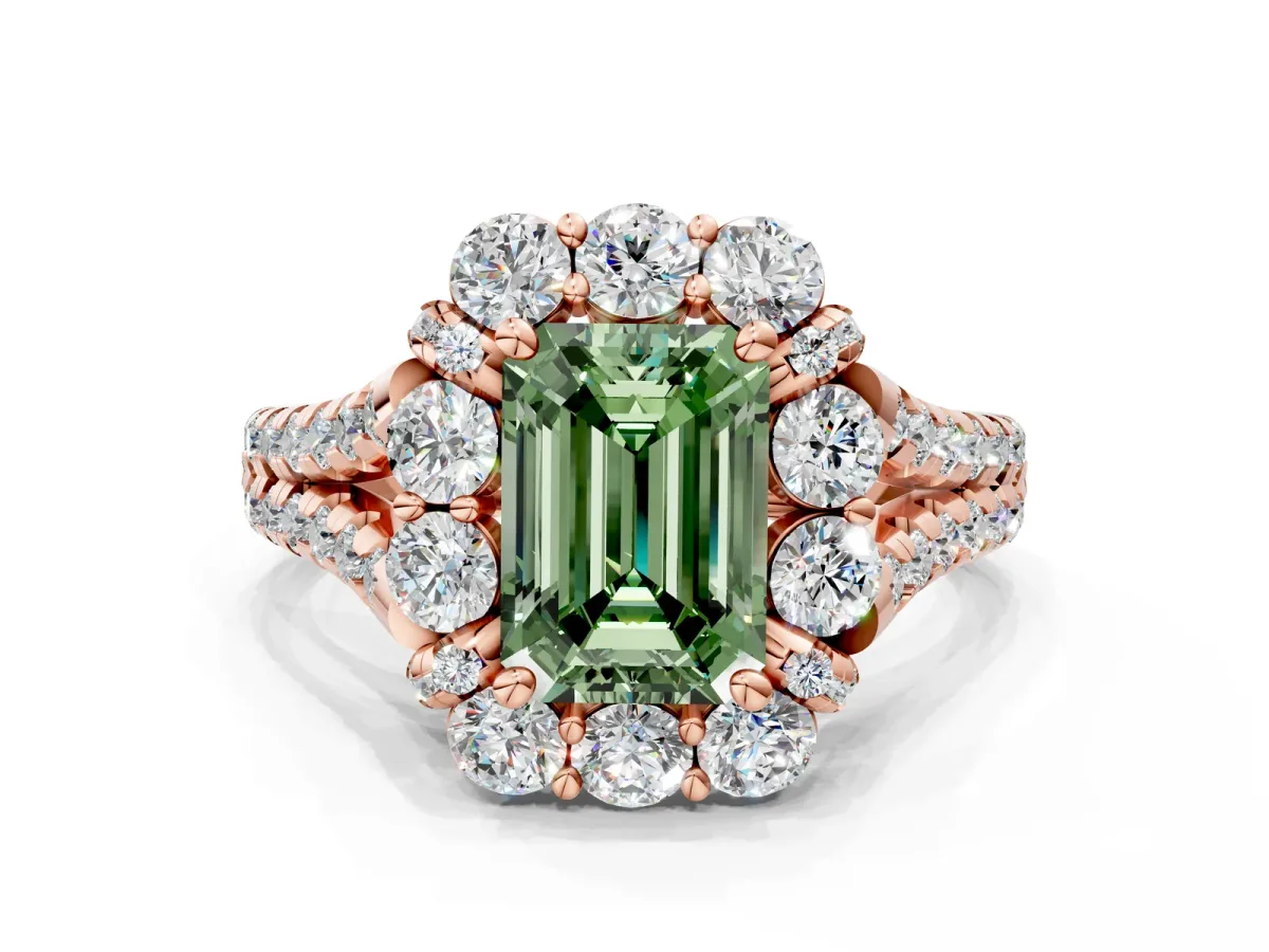 Fancy Green Emerald Cut Halo Split Shank Diamond Engagement Ring with Pave Band and Four-Prong Setting Rose gold