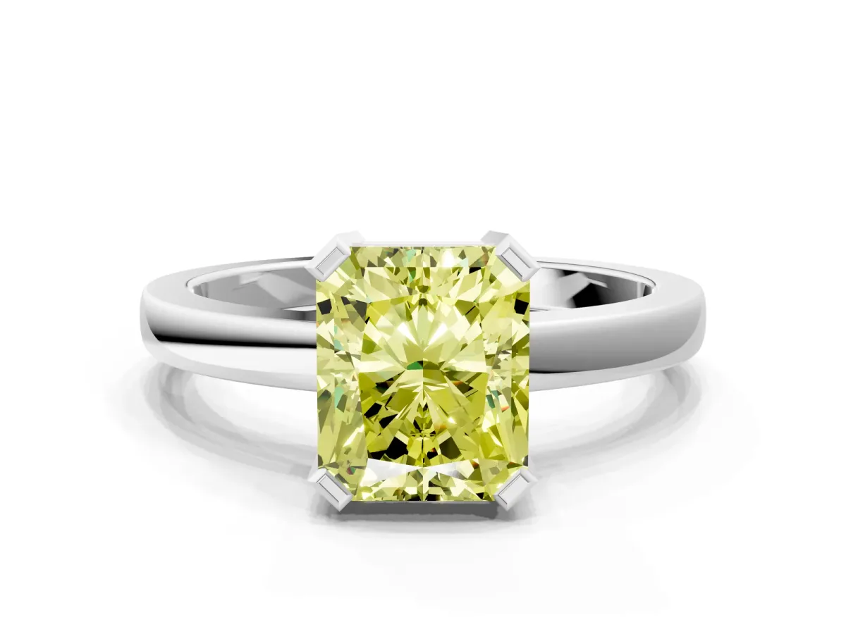 Fancy Yellow Radiant Cut Cut Solitaire Ring with Four-Prong Setting and Classic Band Platinum