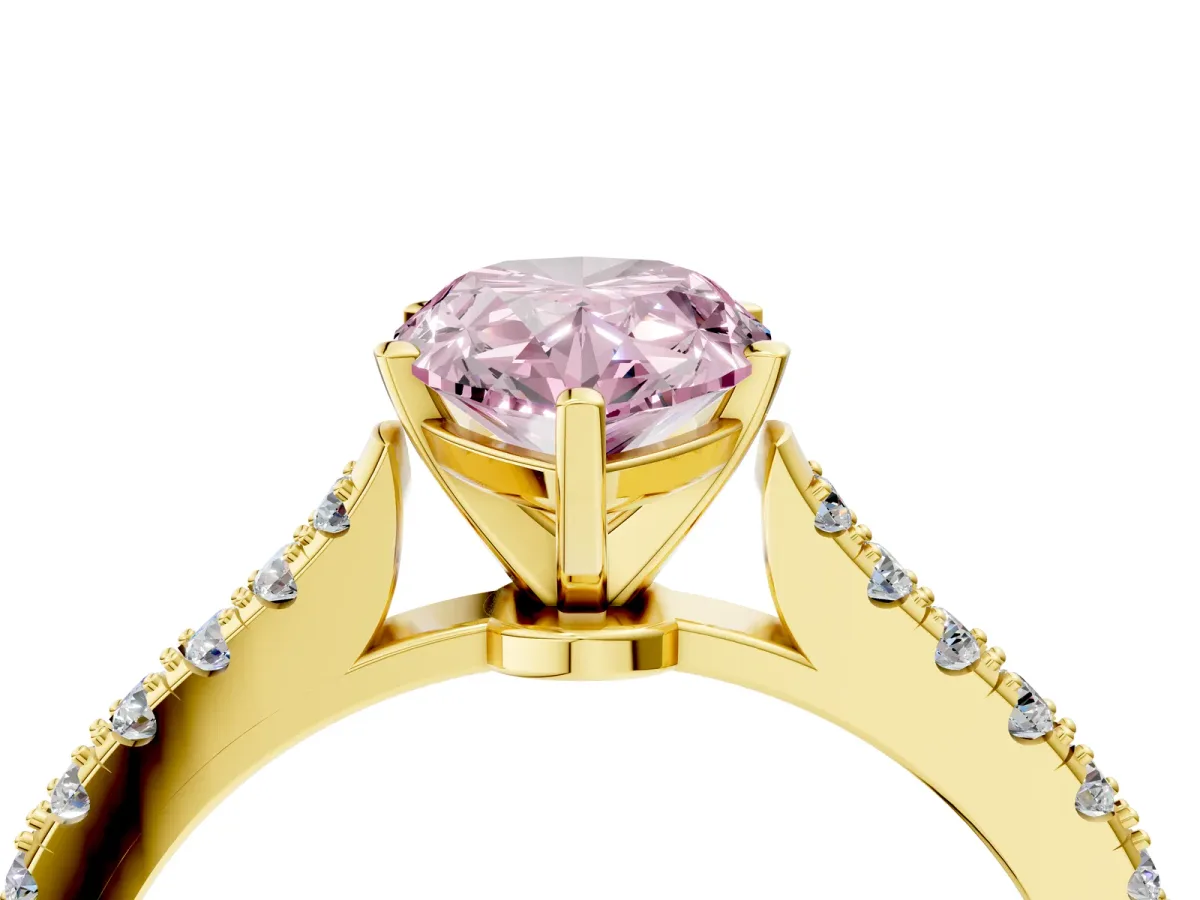 Fancy Pink Pear Cut Cut Solitaire Diamond Engagement Ring with Pave Band and Four-Prong Setting Yellow gold