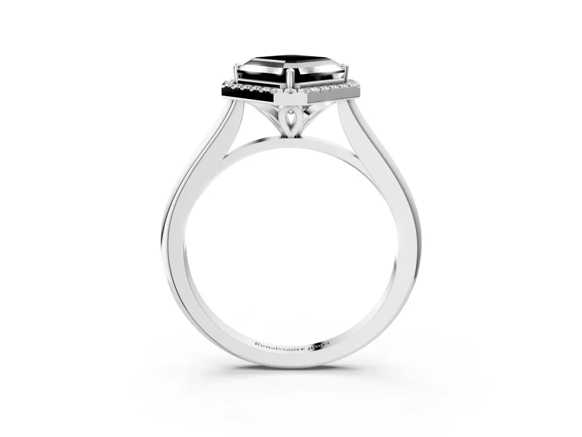 Fancy Black Asscher Cut Halo Round Diamond Solitaire Engagement Ring with Pave Band and Four-Prong Setting Platinum