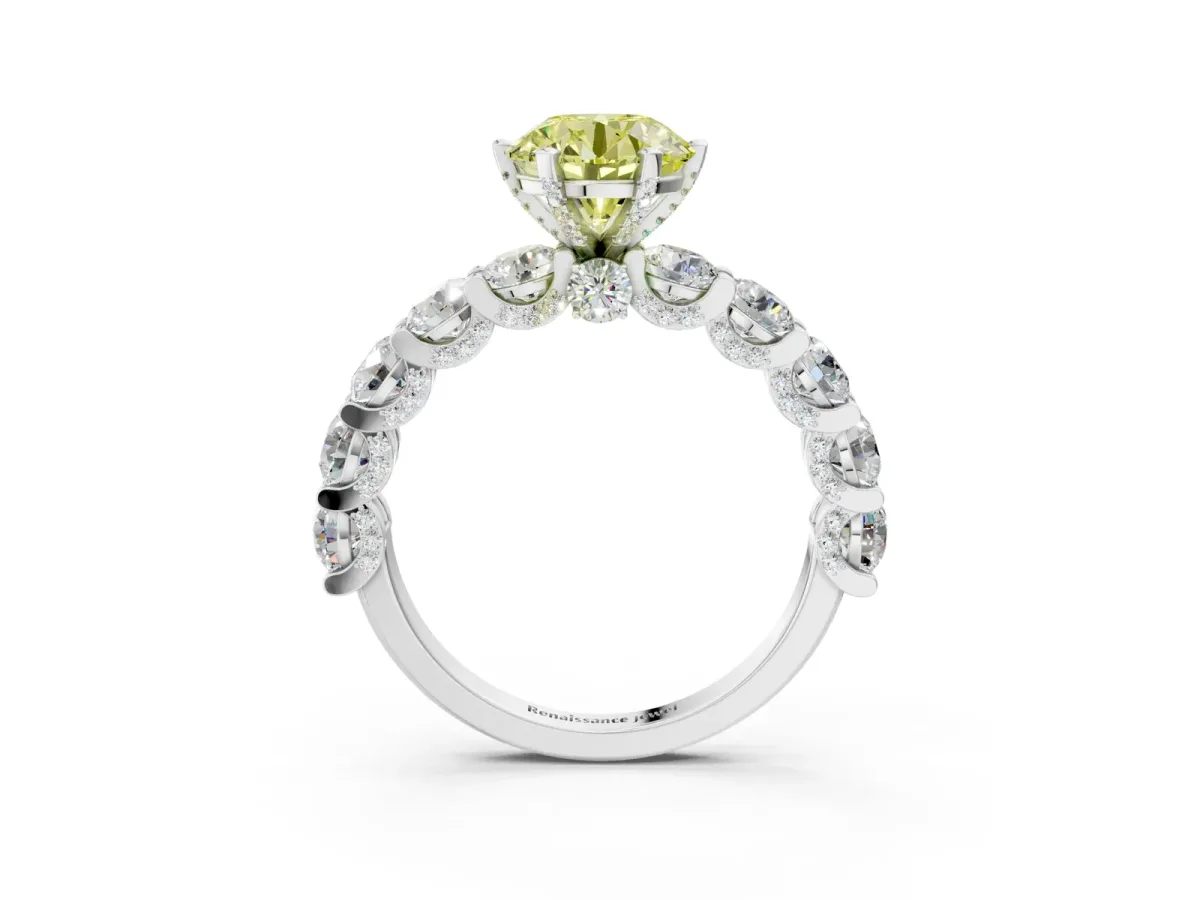Fancy Yellow Round Cut Diamond Side Stone Engagement Ring with Four-Prong Setting Silver
