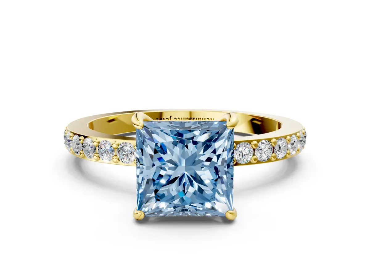 Fancy Blue Princess Cut Diamond Solitaire Engagement Ring with Pavé Band and Four-Prong Setting Yellow gold
