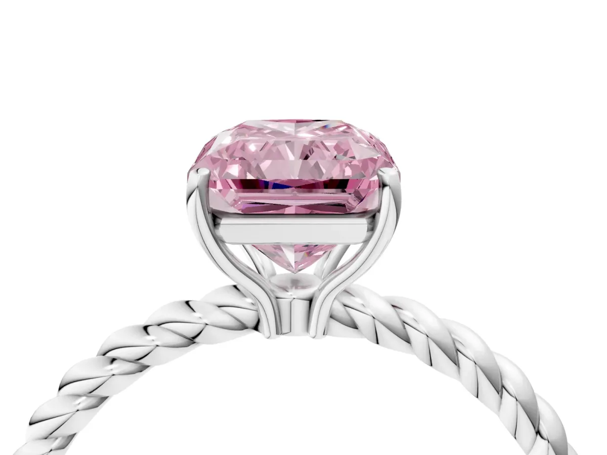 Fancy Pink Radiant Cut Solitaire Twisted Band 4-Prong Ring Platinum