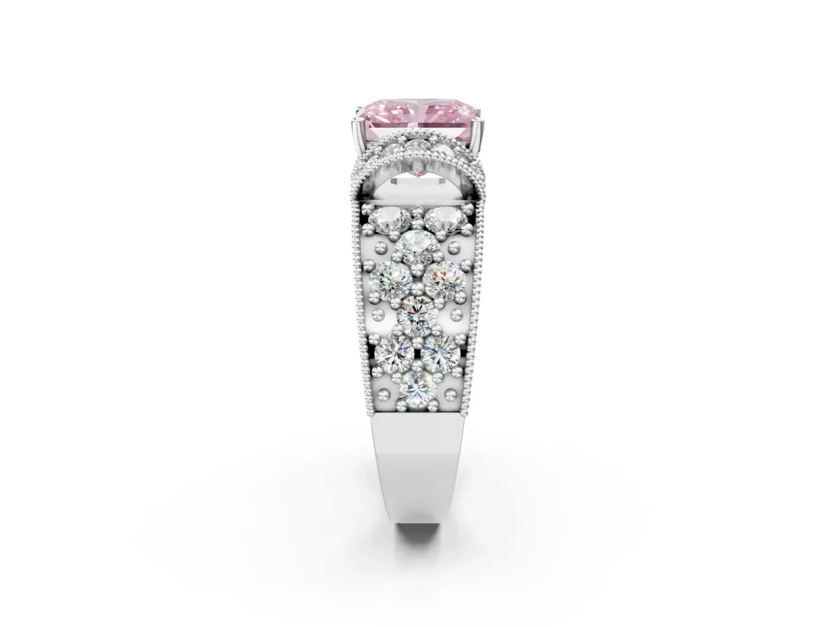 Fancy Pink Radiant Cut Halo Pave Diamond Engagement Ring with Milgrain Detailing Platinum