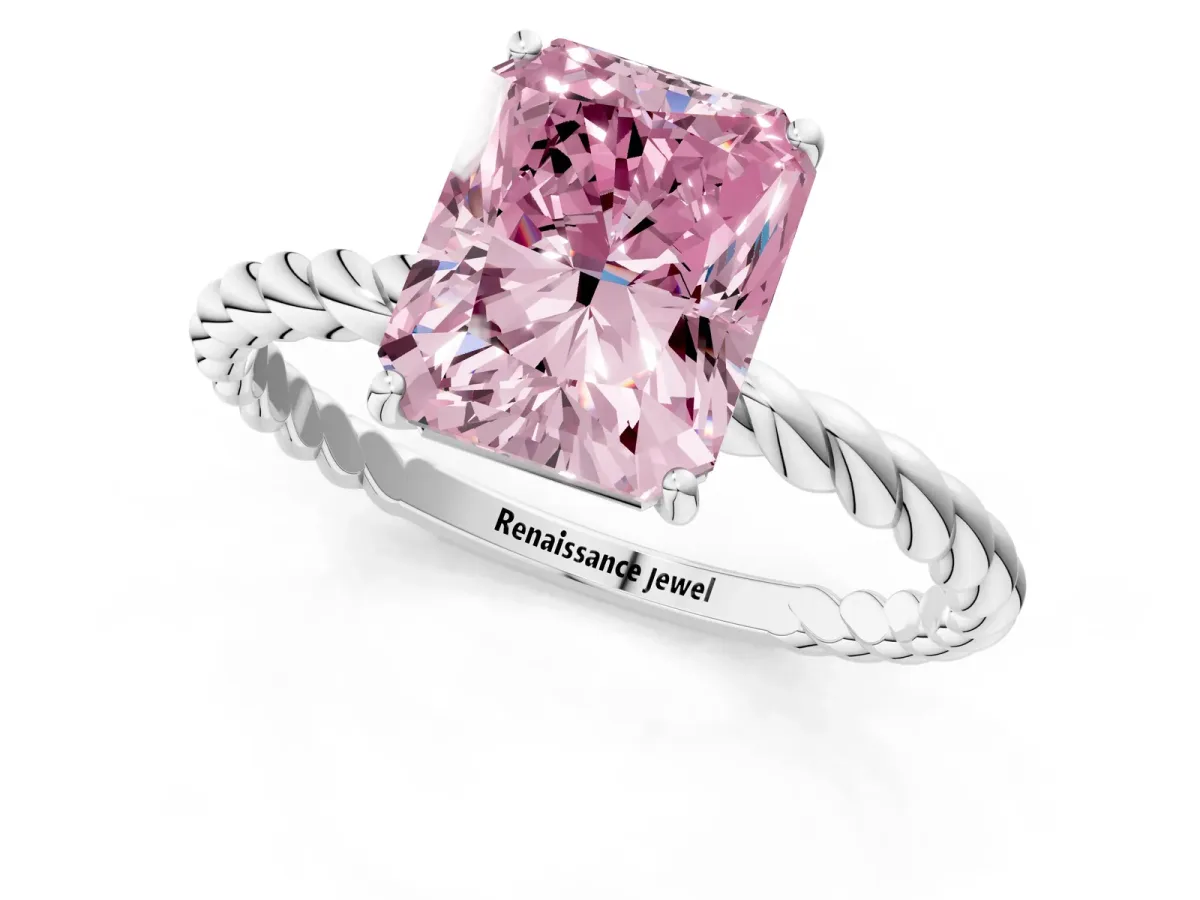 Fancy Pink Radiant Cut Solitaire Twisted Band 4-Prong Ring Platinum