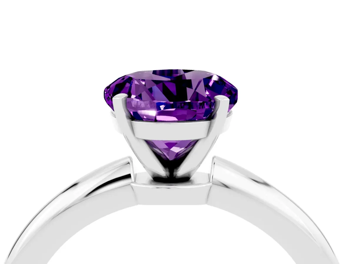 Round Cut Amethyst Solitaire Ring with Six-Prong Setting and Classic Band Platinum