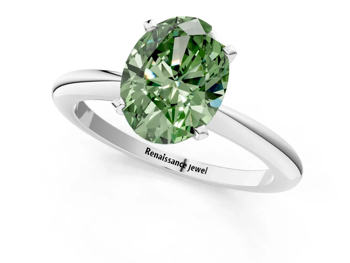 Fancy Green Oval Cut Diamond Solitaire Ring with Six-Prong Setting and Classic Band Platinum
