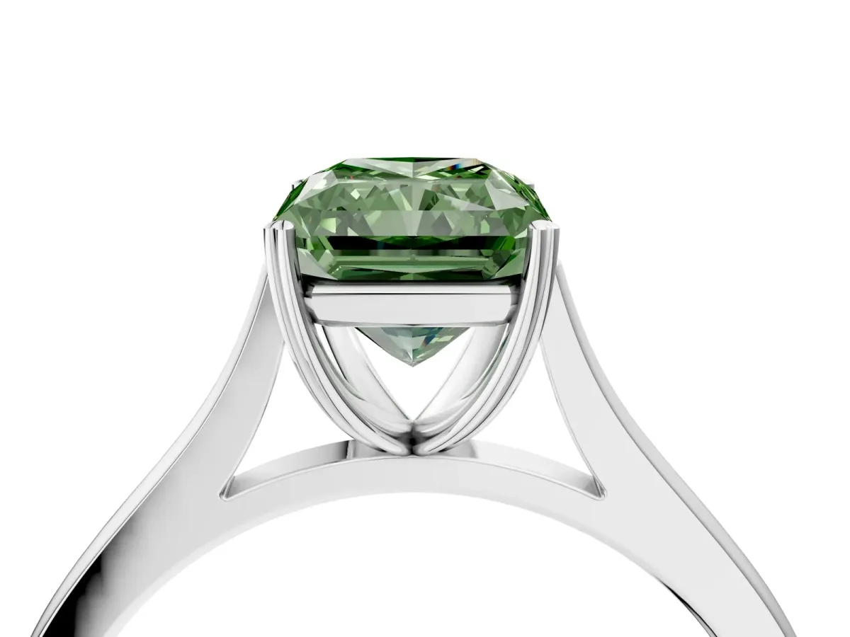 Fancy Green Radiant Cut Solitaire Heart Prong Engagement Ring with Tapered Band Platinum