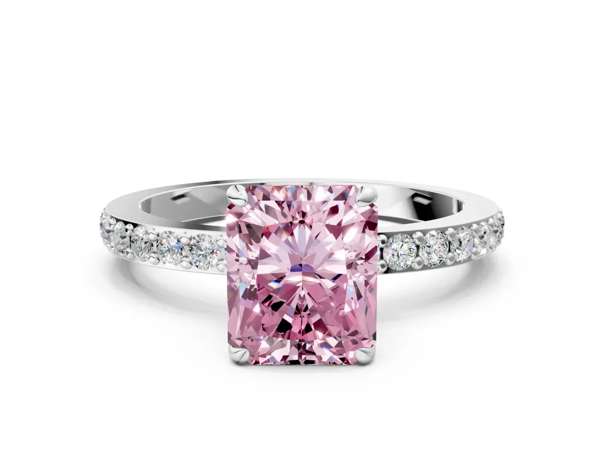 Fancy Pink Radiant Cut Diamond Solitaire Engagement Ring with Pavé Band and Four-Prong Setting White gold