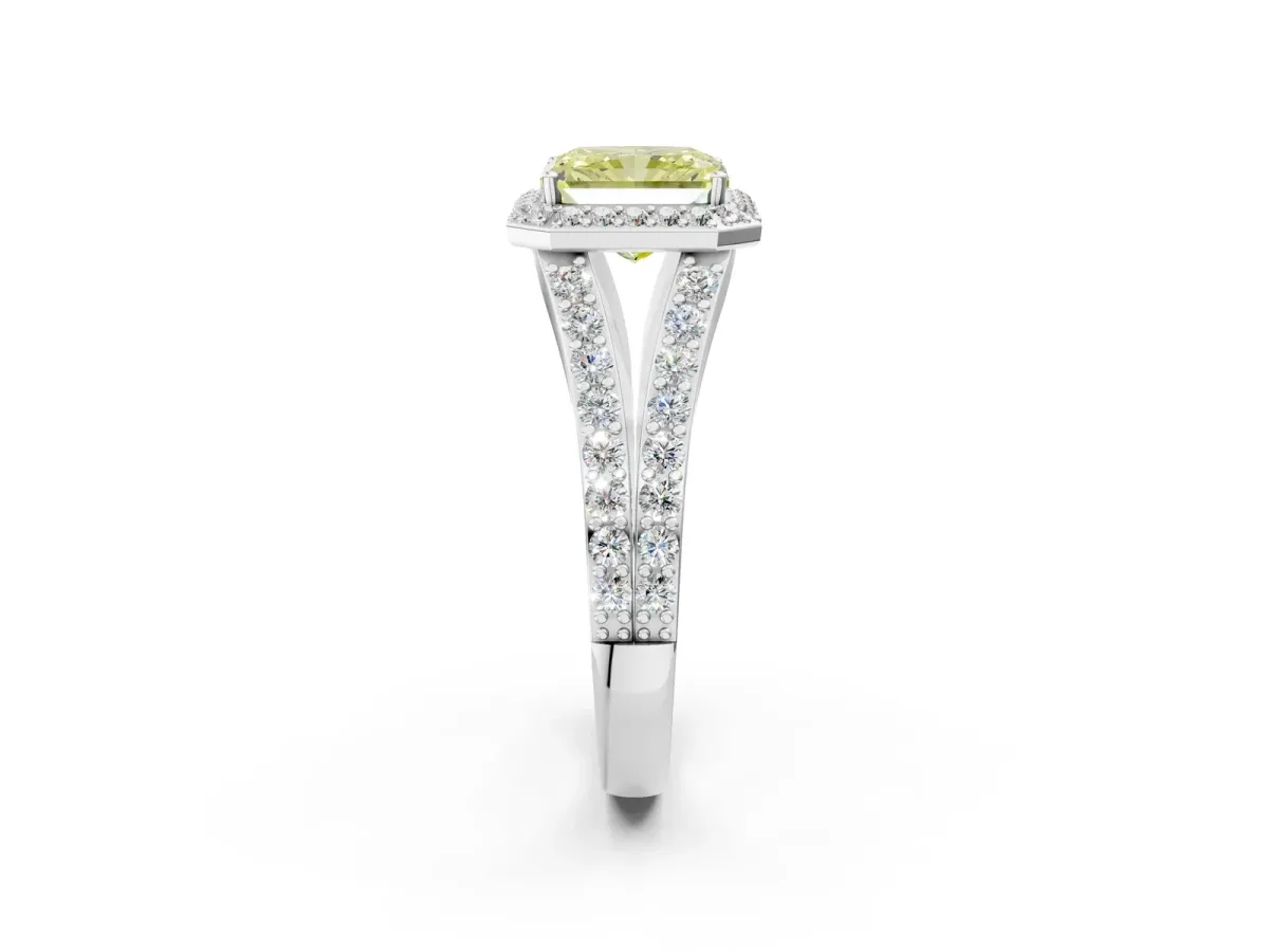 Fancy Yellow Radiant Cut Diamond Split Shank Halo Ring with Four-Prong Setting Platinum