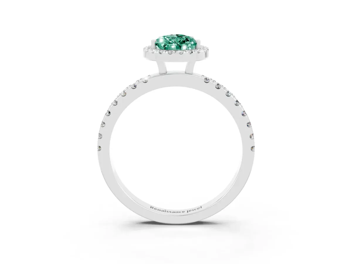 Pear Cut Green Sapphire Classic Halo Engagement Ring with Round Pavé Band and Prong Setting Silver