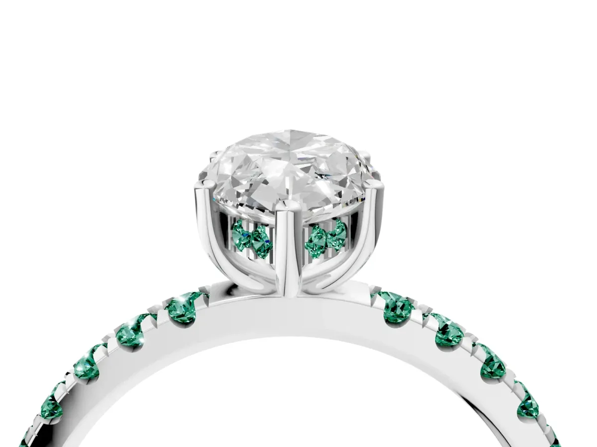 Marquise Cut Diamond Pave Band Solitaire Ring with Round Green Sapphire and Prong Setting White gold