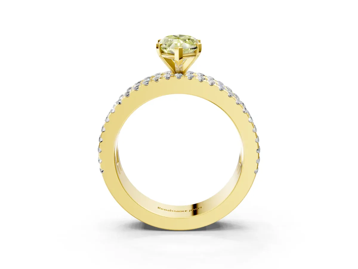 Fancy Yellow Marquise Cut Diamond Solitaire Ring with Pavé and Channel Set Band Yellow gold