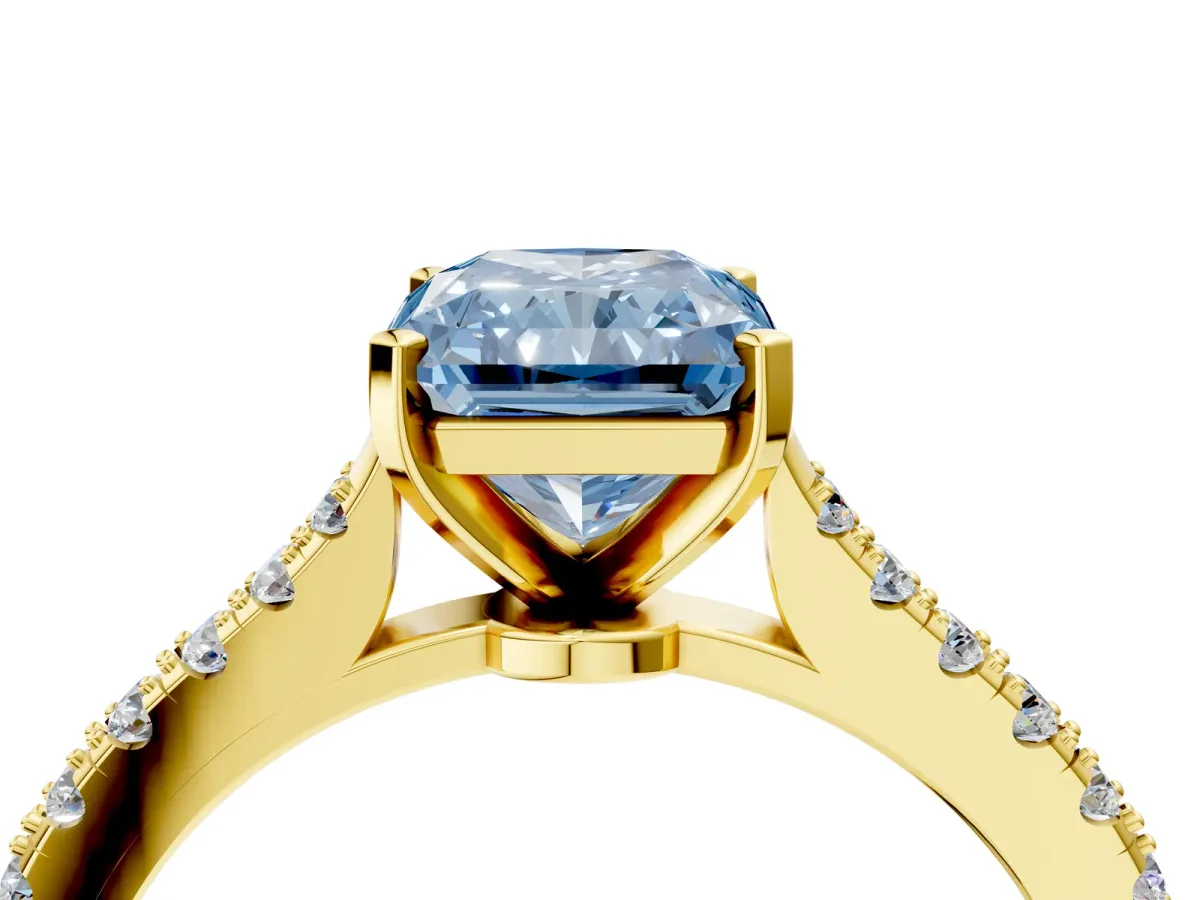Fancy Blue Radiant Cut Cut Solitaire Diamond Engagement Ring with Pave Band and Four-Prong Setting Yellow gold