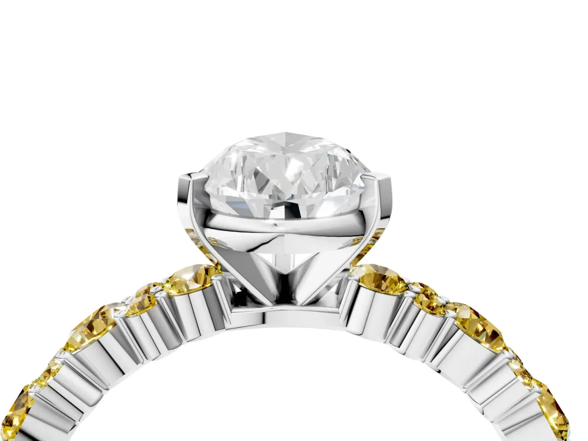 Pear Cut Diamond Side Stone Solitaire Ring with Round Yellow Sapphire and Four-Prong Setting White gold
