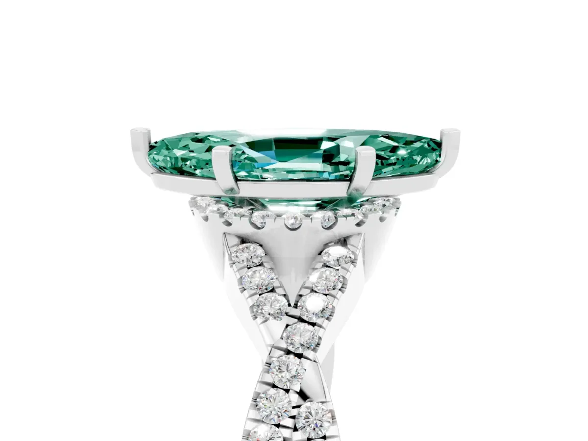 Marquise Cut Green Sapphire Halo Twist Band Solitaire Prong Setting Ring White gold