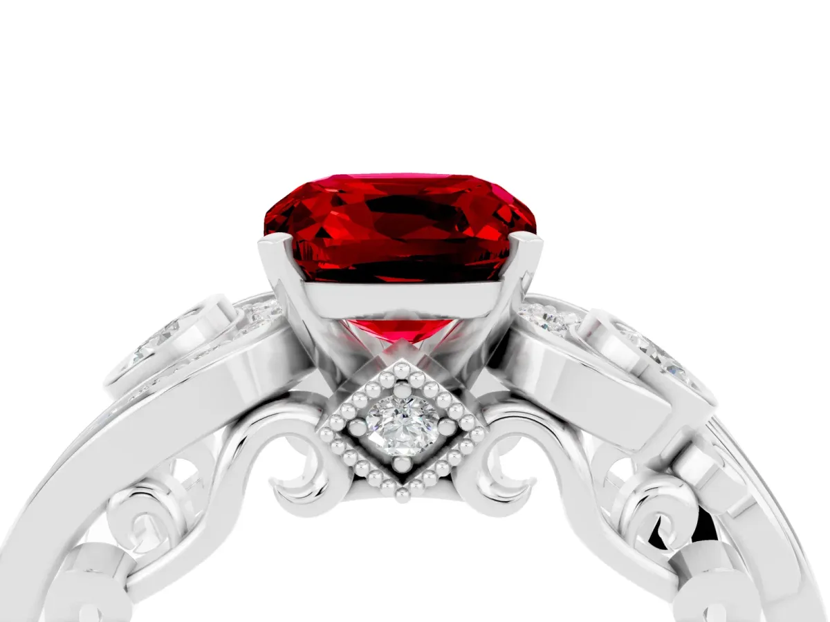 Cushion Cut Ruby Solitaire Ring with Milgrain Pavé Band and Four-Prong Setting Platinum