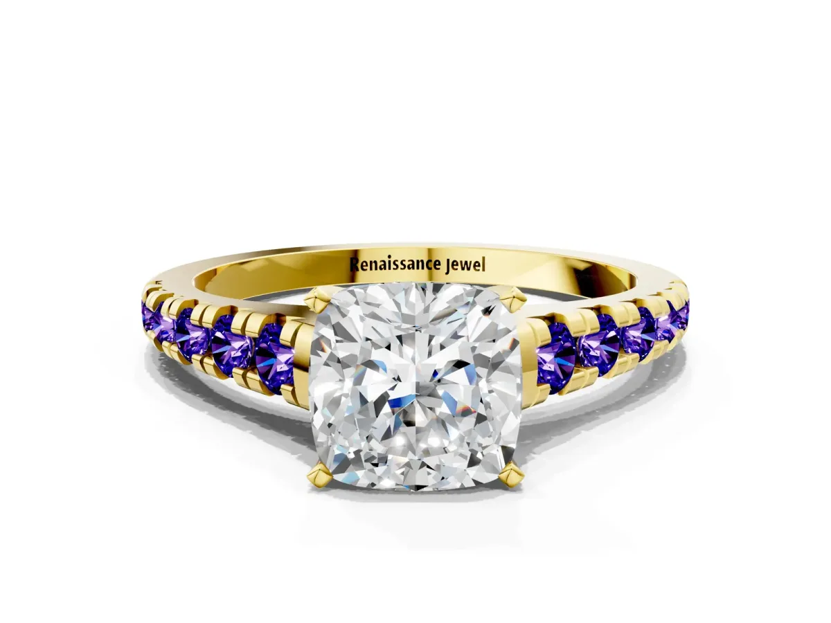 Cushion Cut Diamond Cathedral Solitaire Ring with Round Tanzanite Pavé Band Yellow gold